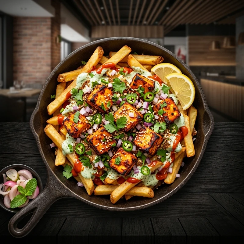 Paneer tikka fries topped with spiced paneer at Lava Pizza YYC Calgary